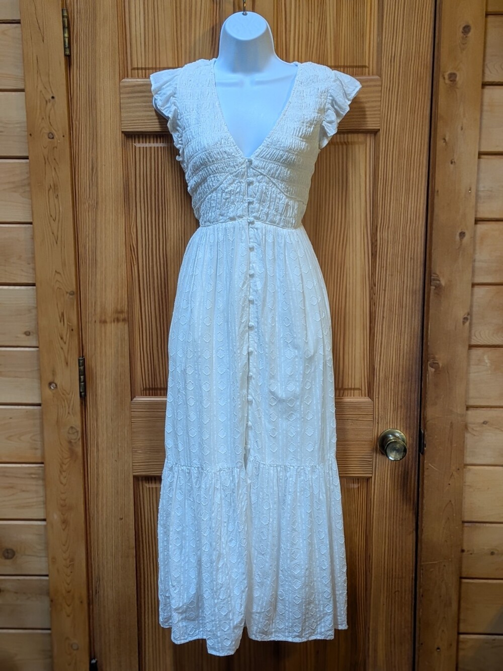 Anthropologie Small The Peregrine Smocked Ruffle Tiered White Midi Dress Cotton